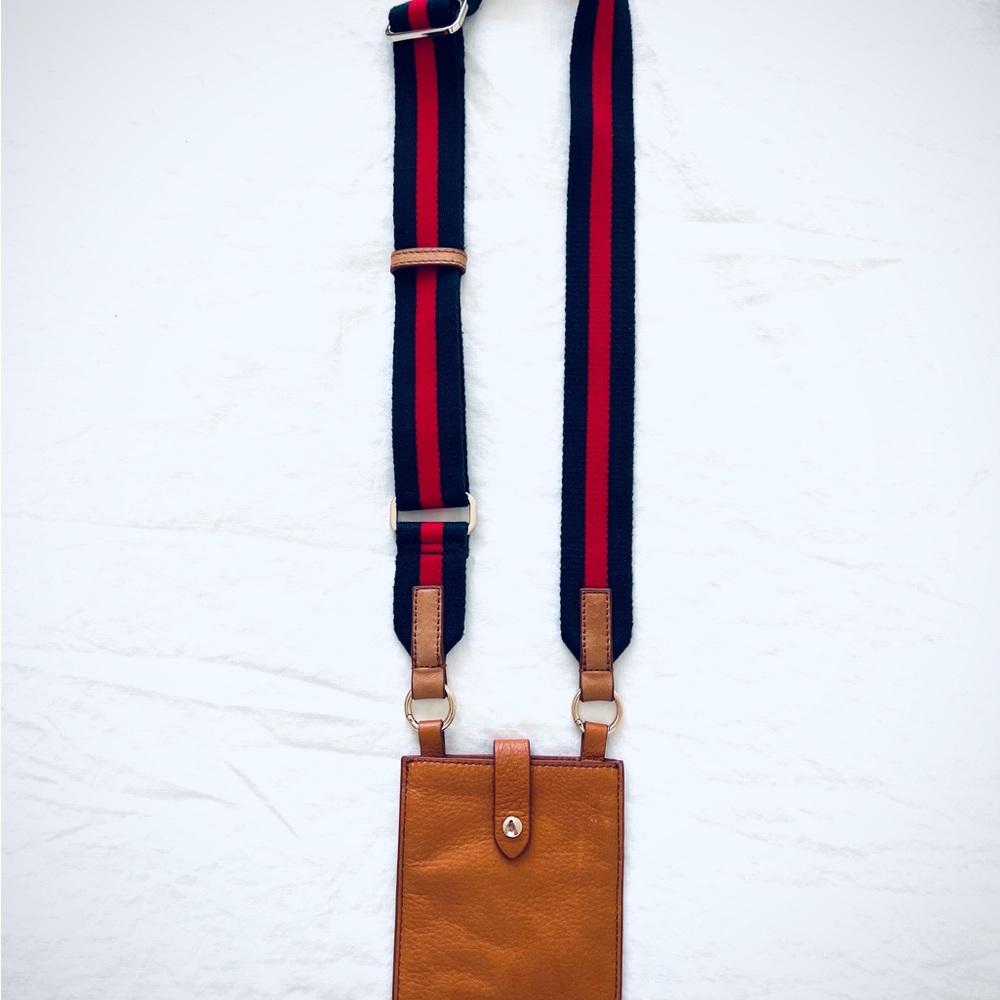 Mark & Graham Tan Leather Crossbody Bag with Red and Blue Strap